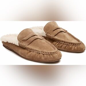 Women loafers Suede Penny Mules Faux Fur Lined Slip-on Taupe size 8